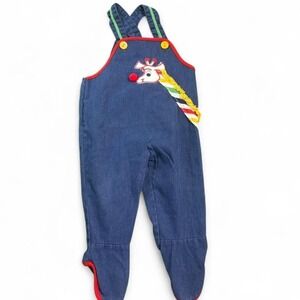 Vintage 60s Doe-Spun 6-9m Retro Baby Overalls‎ Giraffe Denim Romper